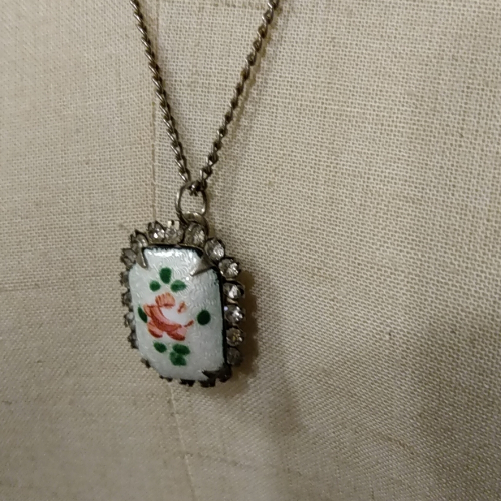 Vtg Guilloche Enamel Pink Rose Rhinestone Pendant Necklace Cottagecore Lolita - Picture 5 of 10